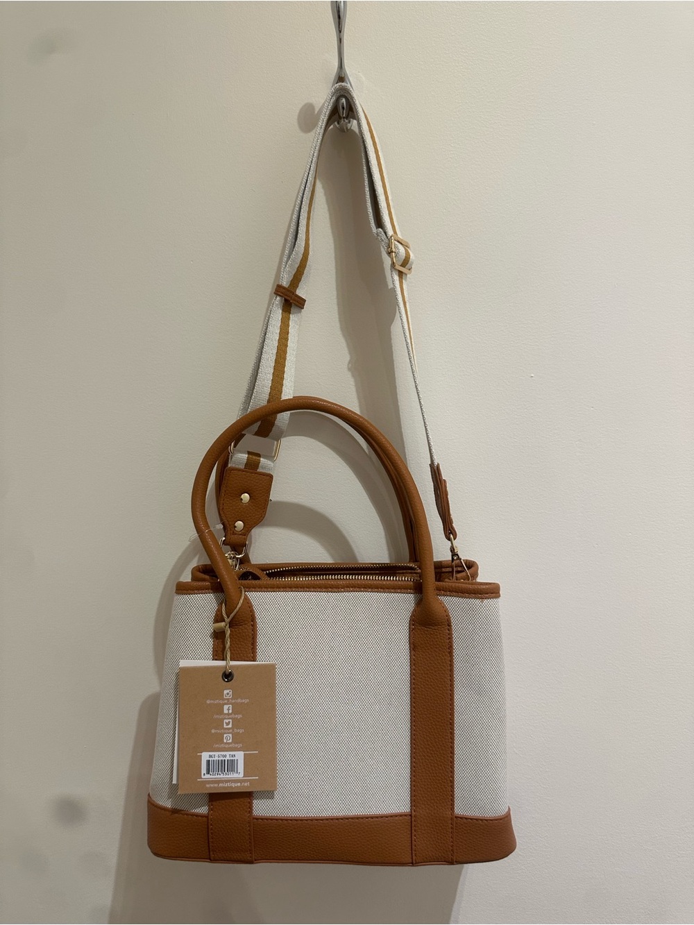 Canvas and Tan Leatherette Tote Bag - Neutral